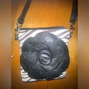 Zebra Print Faux Suede & Leather Rose Crossbody Bag